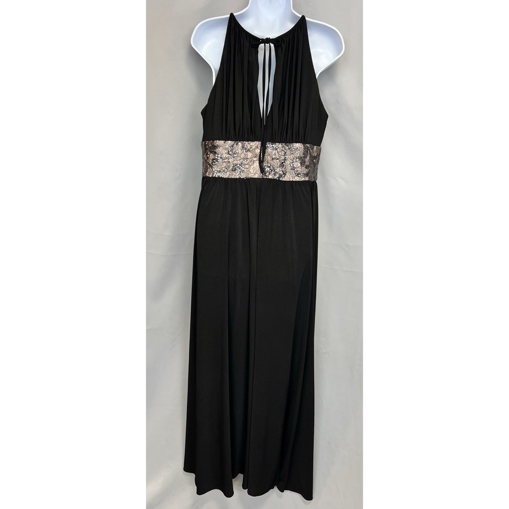 R&M Richards Formal Dress Black Sequined Waist Peephole Slit Sz 16 Prom - Picture 8 of 16